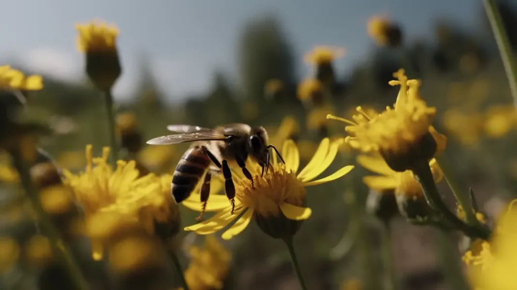 Abeja posando en una flor para extraer el polen